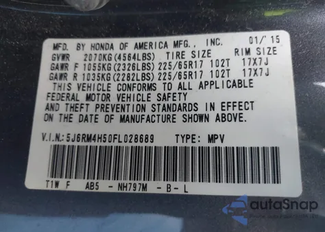 2015 Honda Cr-V Ex from USA, damaged, VIN 5J6RM4H50FL028689